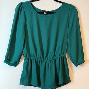Forever 21 Emerald Green 3/4 Sleeve Elastic Waist Blouse Size Small